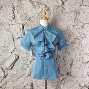 NWT Ralph Lauren Sport Ruffled Puff Sleeve Shirt Cape Blue Stripe | 10
